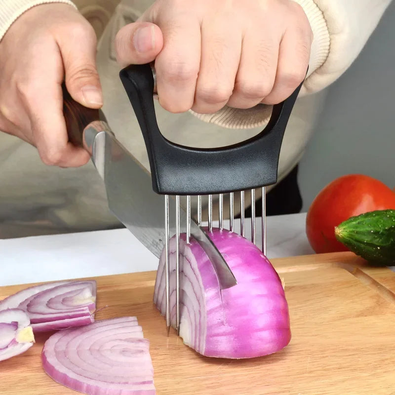 Stainless Steel Onion Slicer & Vegetable Cutter - Safe Kitchen Gadget for Meat, Tomatoes, Potatoes, Fruits