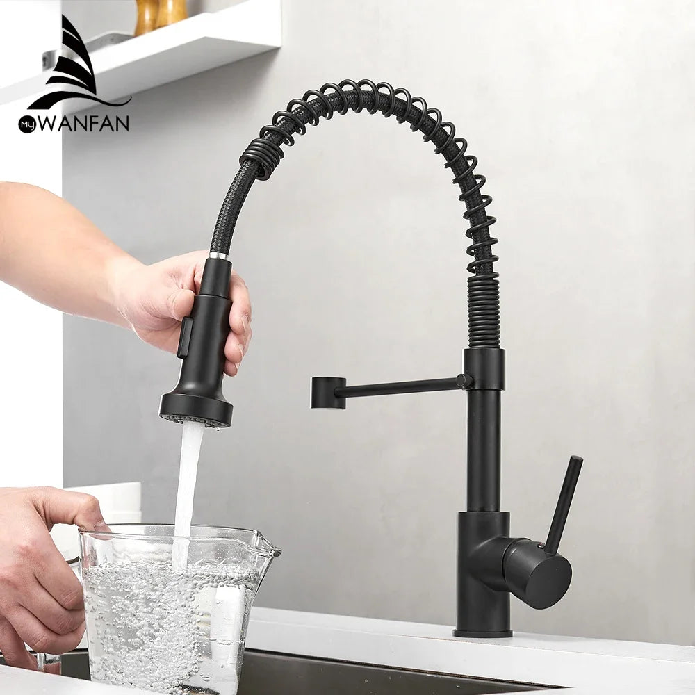 Stylish Brush Brass Kitchen Faucet | Single Lever Pull Down Spring Spout Mixer Tap