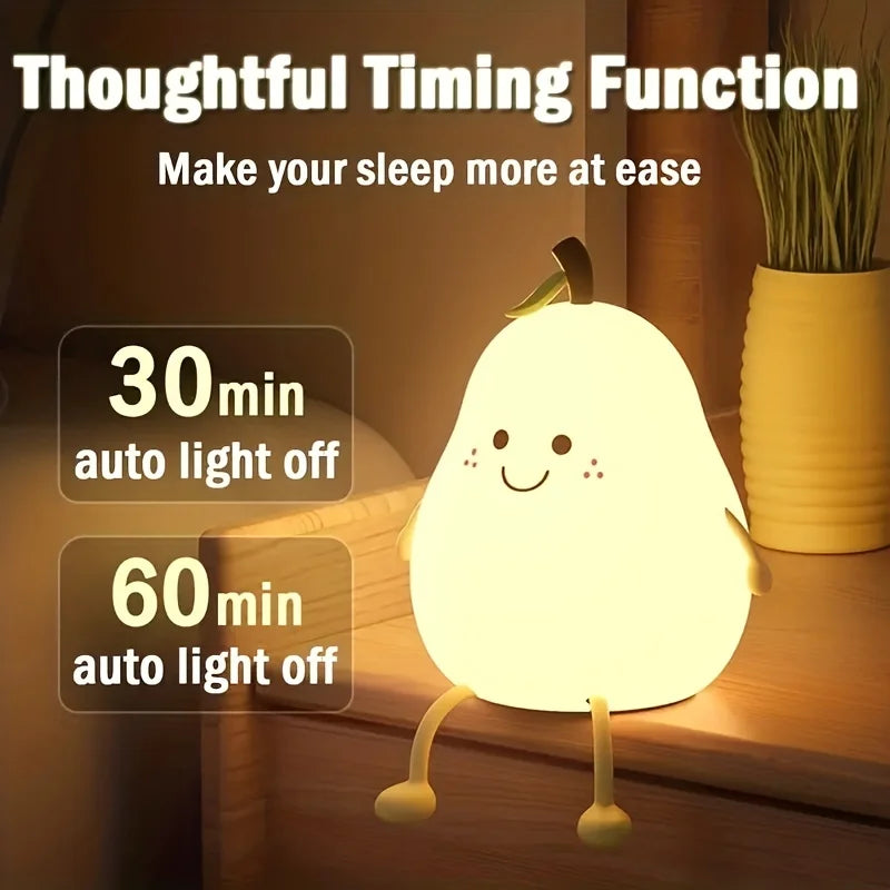 1pc Cute Fruit Night Light Silicone Nursery Pear Lamp USB Charging Creative Table Lamp