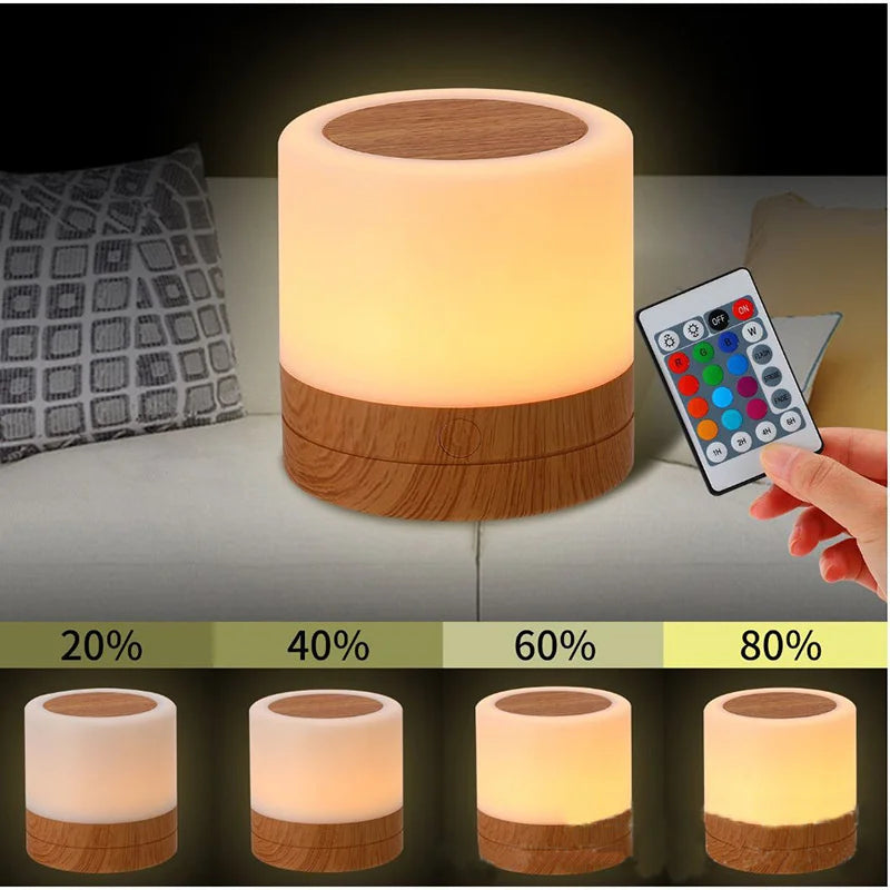 Touch Sensor Wooden Bedside Table Lamp | 7 Colors Dimmable LED Night Light