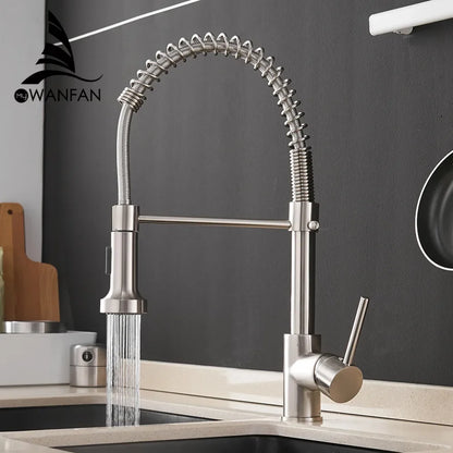 Stylish Brush Brass Kitchen Faucet | Single Lever Pull Down Spring Spout Mixer Tap