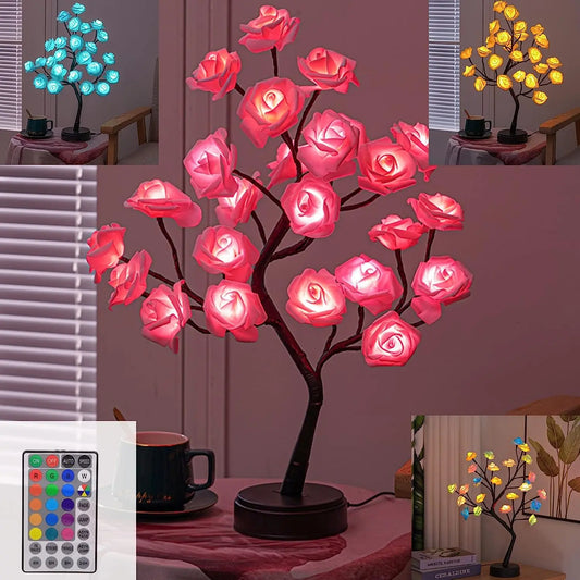 RGB Rose Flower Tree Lights 24LED USB Battery Table Lamp Fairy Night Light
