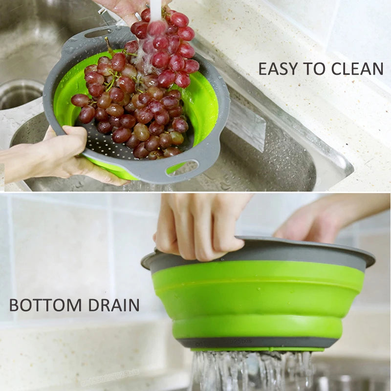 1/2pcs Silicone Round Folding Vegetable Fruits Washing Drain Basket Colander Strainer