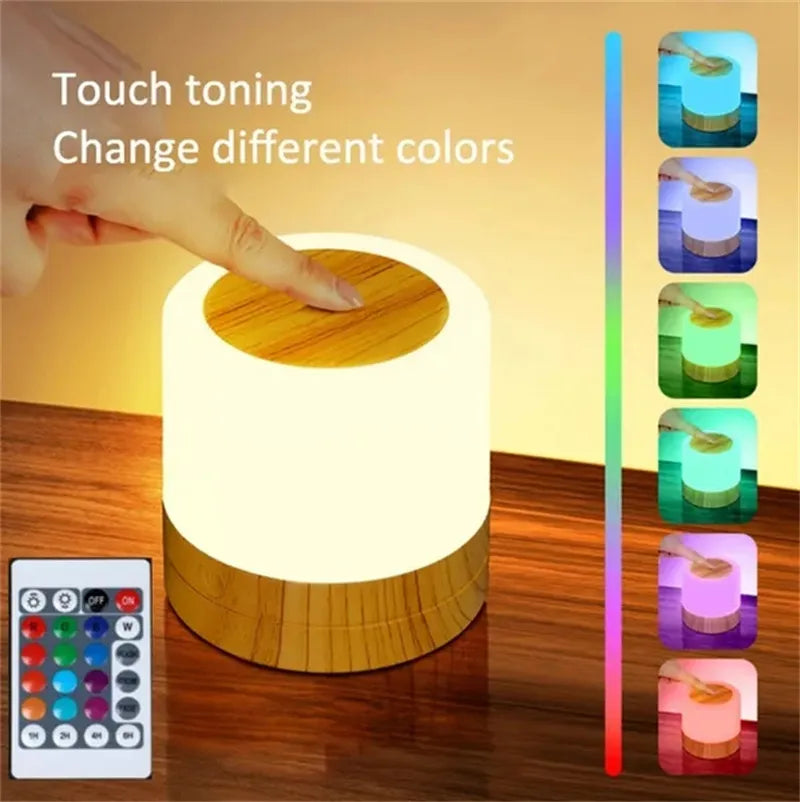 Touch Sensor Wooden Bedside Table Lamp | 7 Colors Dimmable LED Night Light