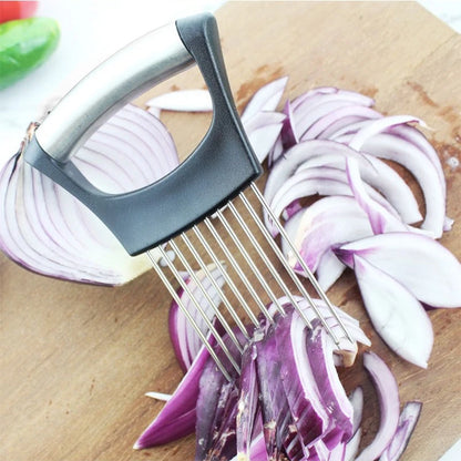 Stainless Steel Onion Slicer & Vegetable Cutter - Safe Kitchen Gadget for Meat, Tomatoes, Potatoes, Fruits