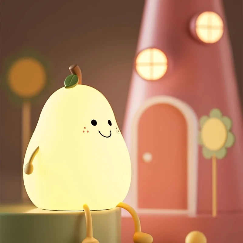 1pc Cute Fruit Night Light Silicone Nursery Pear Lamp USB Charging Creative Table Lamp