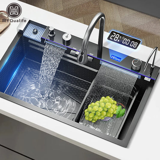 304 Stainless Steel Waterfall Kitchen Sink Large Single Slot Integrated Digital Display Faucet Set Soap Dispenser Cup Washer