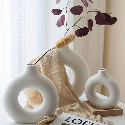 White/Beige Ceramic Circle Vase for Modern Home Decor