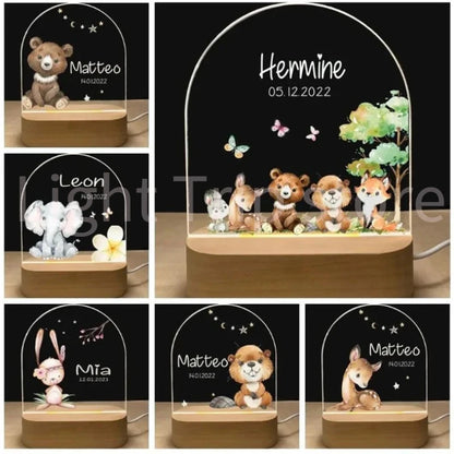 Personalized Baby Birth Night Light Custom Name Animal Elephant Lion with USB Wood Base Lamp for Bedroom Table Rainbow Decor