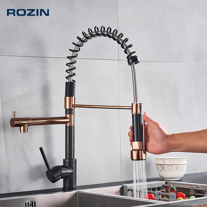 Rozin Black and Rose Golden Spring Pull Down Kitchen Sink Faucet  Hot & Cold Water Mixer Crane Tap with Dual Spout Deck Mounted