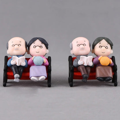 Mini Park Bench Grandpa Grandma Model Miniature Plastic Garden Statues Landscape Garden Decor Ornament Sculptures