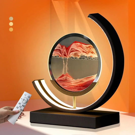 3D LED Quicksand Art Sand Painting Lamp – 360° Rotatable Hourglass Table Lamp with Remote Control