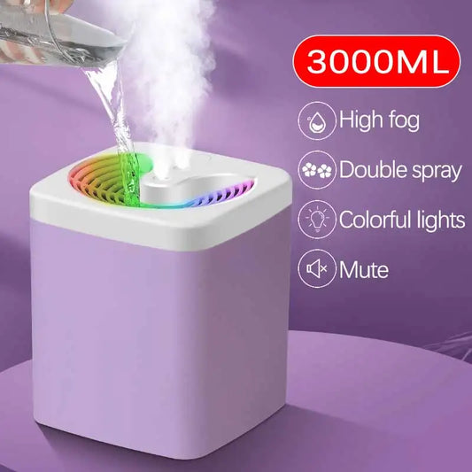 3000ML USB Air Humidifier Double Spray Port Essential Oil Aromatherapy Diffuser Cool Mist Maker Fogger for Home Lamp Office