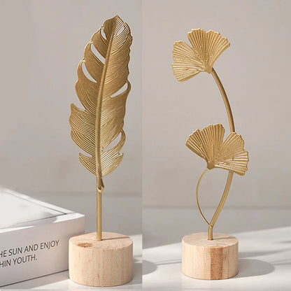 Golden Ginkgo Leaf Feather Metal Model Figurines Manual Desktop Crafts Ornaments Photo Props Statues Sculptures Home Decor