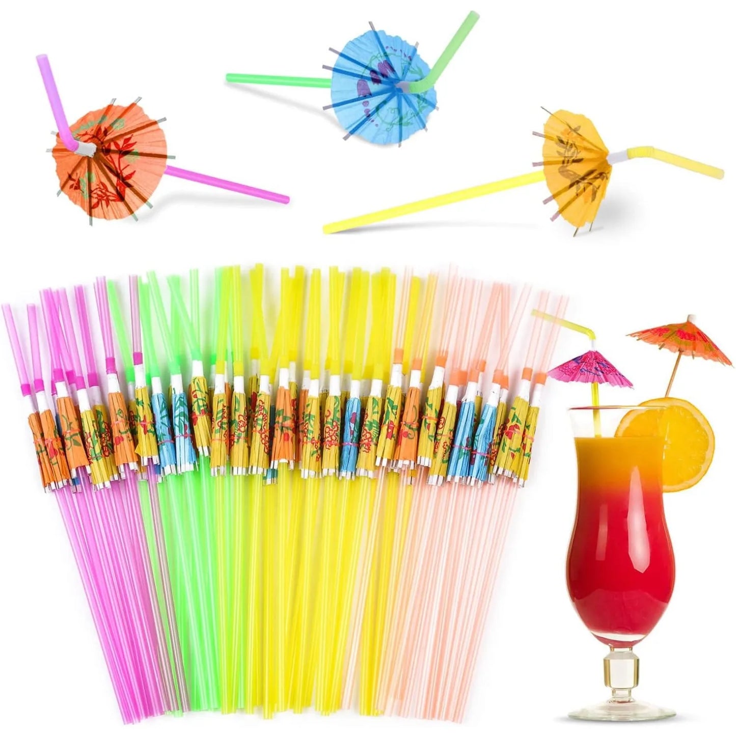 100 Umbrella Parasol Drinking Straws, Hawaiian Beach Cocktail Luau Party Decorations Supplies