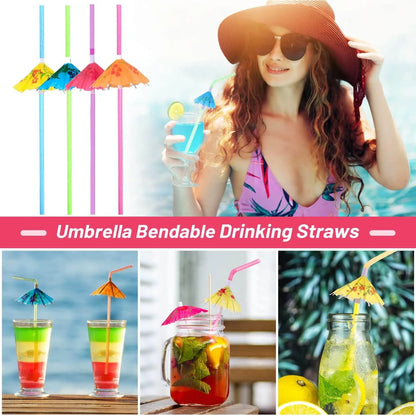 100 Umbrella Parasol Drinking Straws, Hawaiian Beach Cocktail Luau Party Decorations Supplies