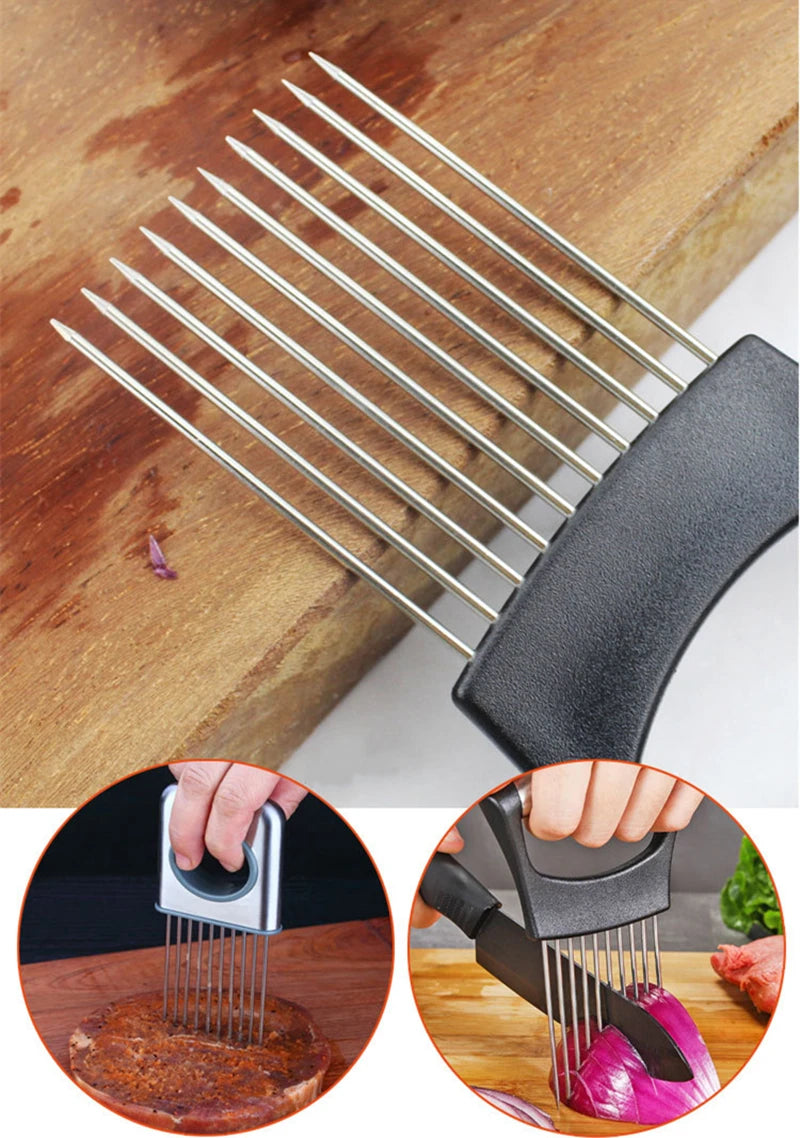 Stainless Steel Onion Slicer & Vegetable Cutter - Safe Kitchen Gadget for Meat, Tomatoes, Potatoes, Fruits