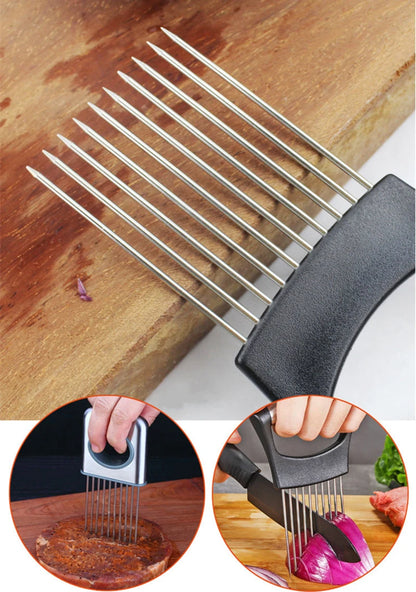 Stainless Steel Onion Slicer & Vegetable Cutter - Safe Kitchen Gadget for Meat, Tomatoes, Potatoes, Fruits