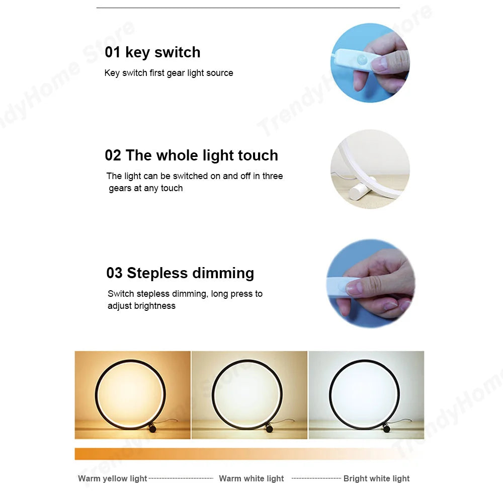 25CM LED Simple Circular Ring Table Lamp Bedroom Bedside Living Room Restaurant Hotel Decorative Lamp Dimmable Round Night Light