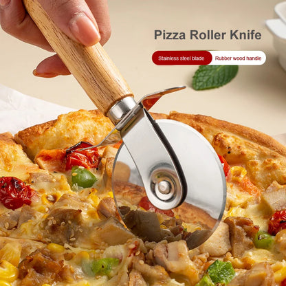 Stainless Steel Pizza Cutter with Wooden Handle - Pastry, Pasta, Dough Slicer