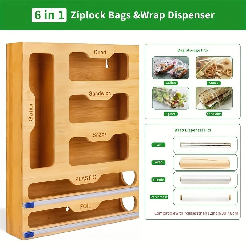 Kitchen Storage Shelf Plastic Wrap Dispenser With Cutter Bamboo Ziplock Bag Organizer And Foil And Plastic Wrap Organizer