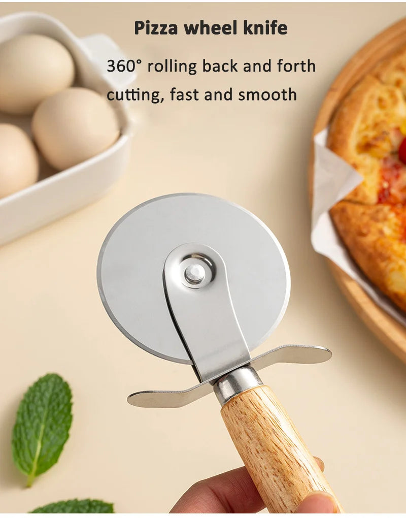 Stainless Steel Pizza Cutter with Wooden Handle - Pastry, Pasta, Dough Slicer