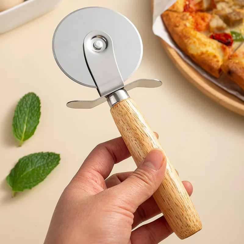 Stainless Steel Pizza Cutter with Wooden Handle - Pastry, Pasta, Dough Slicer