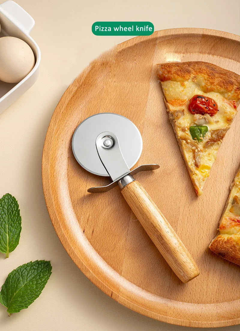 Stainless Steel Pizza Cutter with Wooden Handle - Pastry, Pasta, Dough Slicer