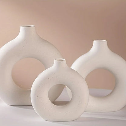 White/Beige Ceramic Circle Vase for Modern Home Decor