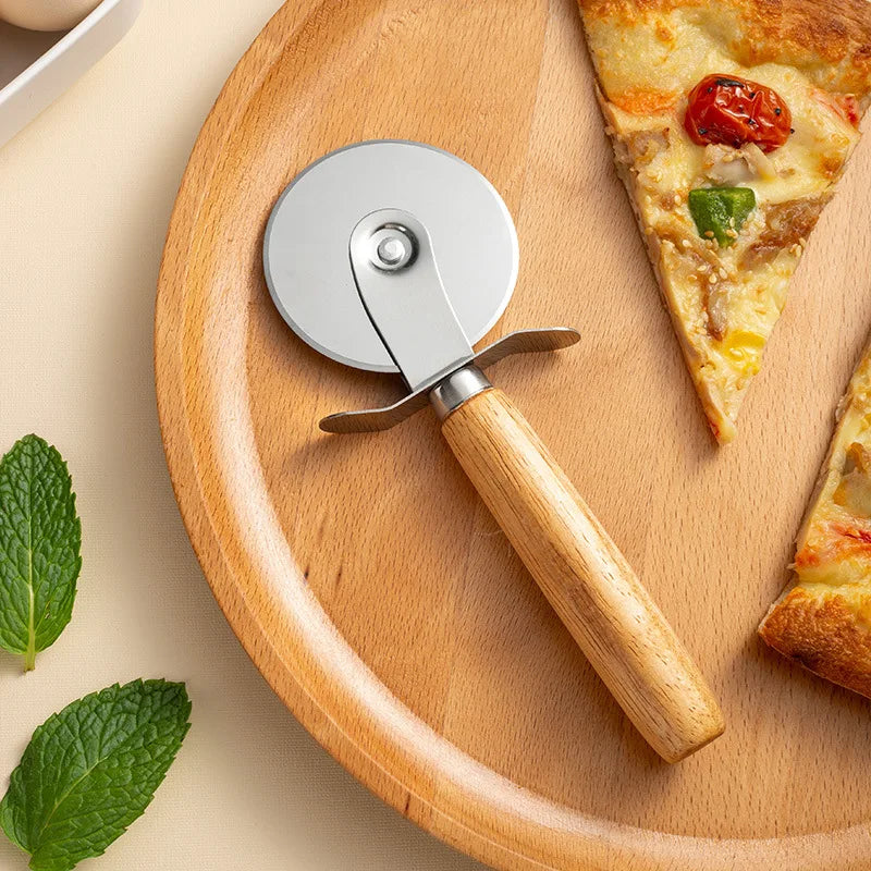 Stainless Steel Pizza Cutter with Wooden Handle - Pastry, Pasta, Dough Slicer