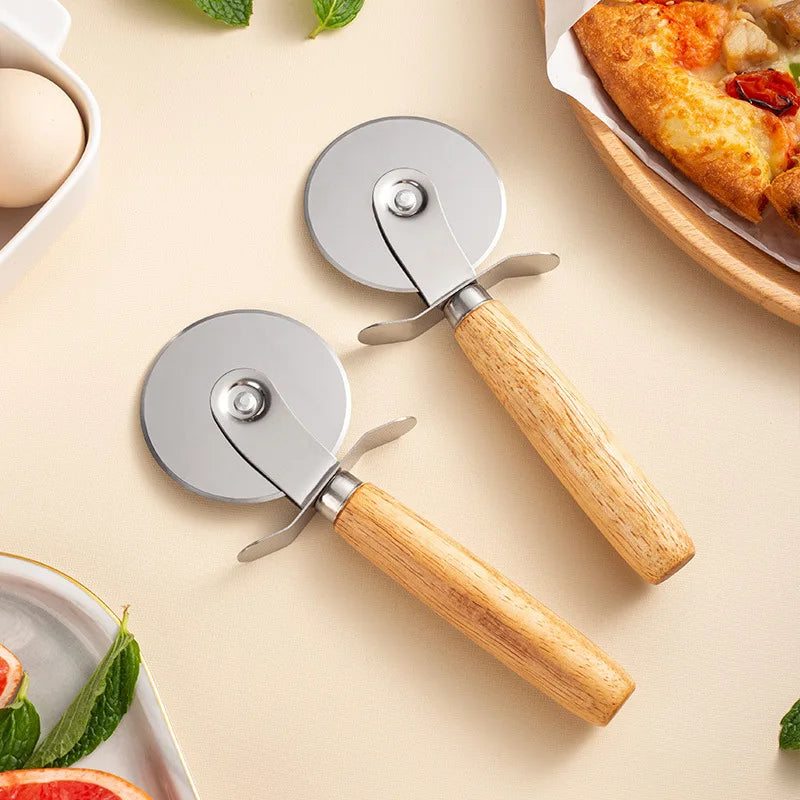 Stainless Steel Pizza Cutter with Wooden Handle - Pastry, Pasta, Dough Slicer