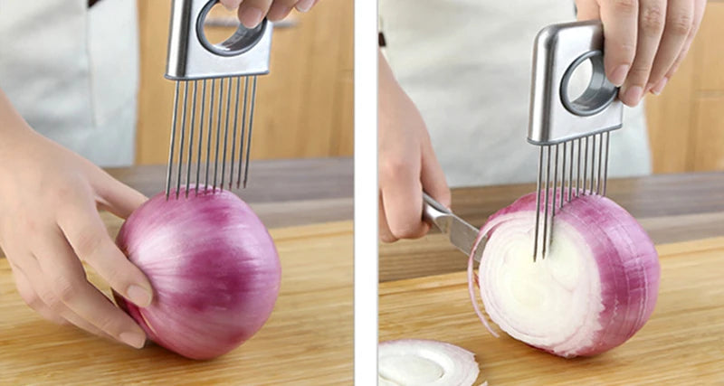 Stainless Steel Onion Slicer & Vegetable Cutter - Safe Kitchen Gadget for Meat, Tomatoes, Potatoes, Fruits