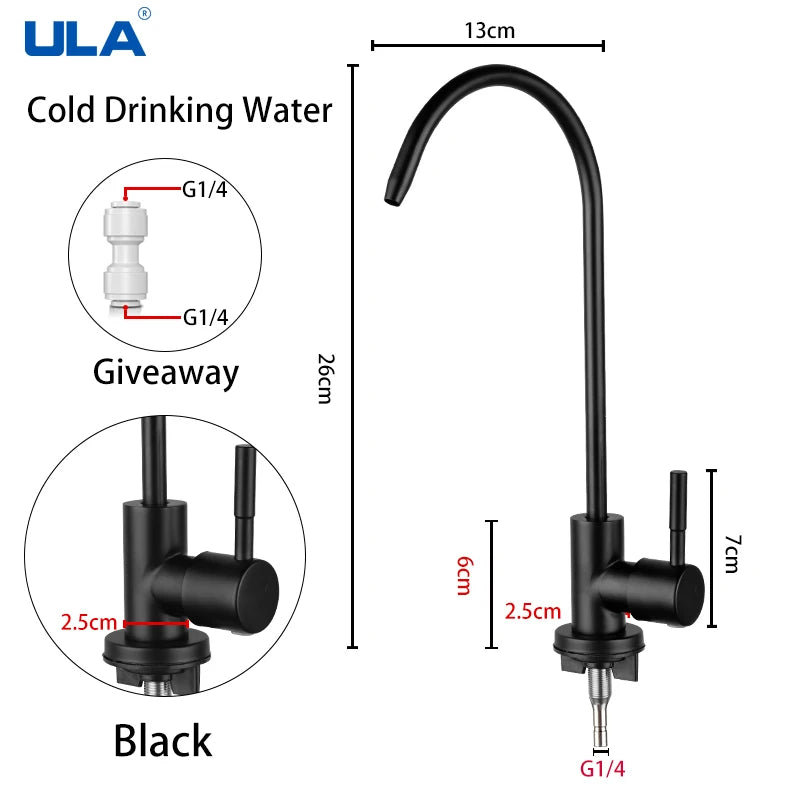 1/4"Kitchen Filtered Faucet Stainless Steel Direct Purifier Direct Drinking Tap Single Cold Water Sink Faucet Black/Brushed