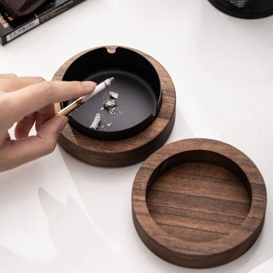 New Creative Ashtrays With Lid Walnut Wood Desktop Ashtray Stainless Steel Windproof Ash Tray for Smoking Office Home Decoration