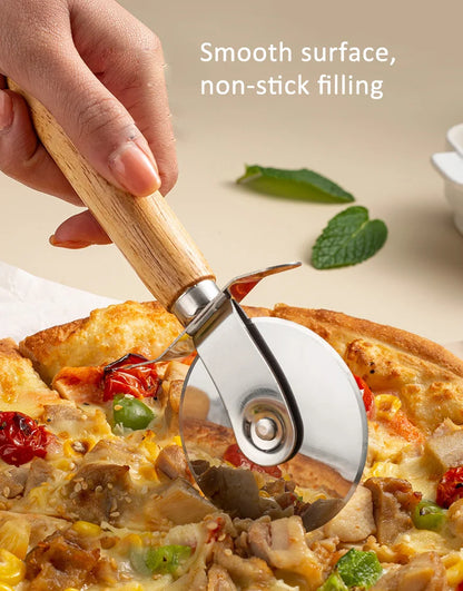 Stainless Steel Pizza Cutter with Wooden Handle - Pastry, Pasta, Dough Slicer