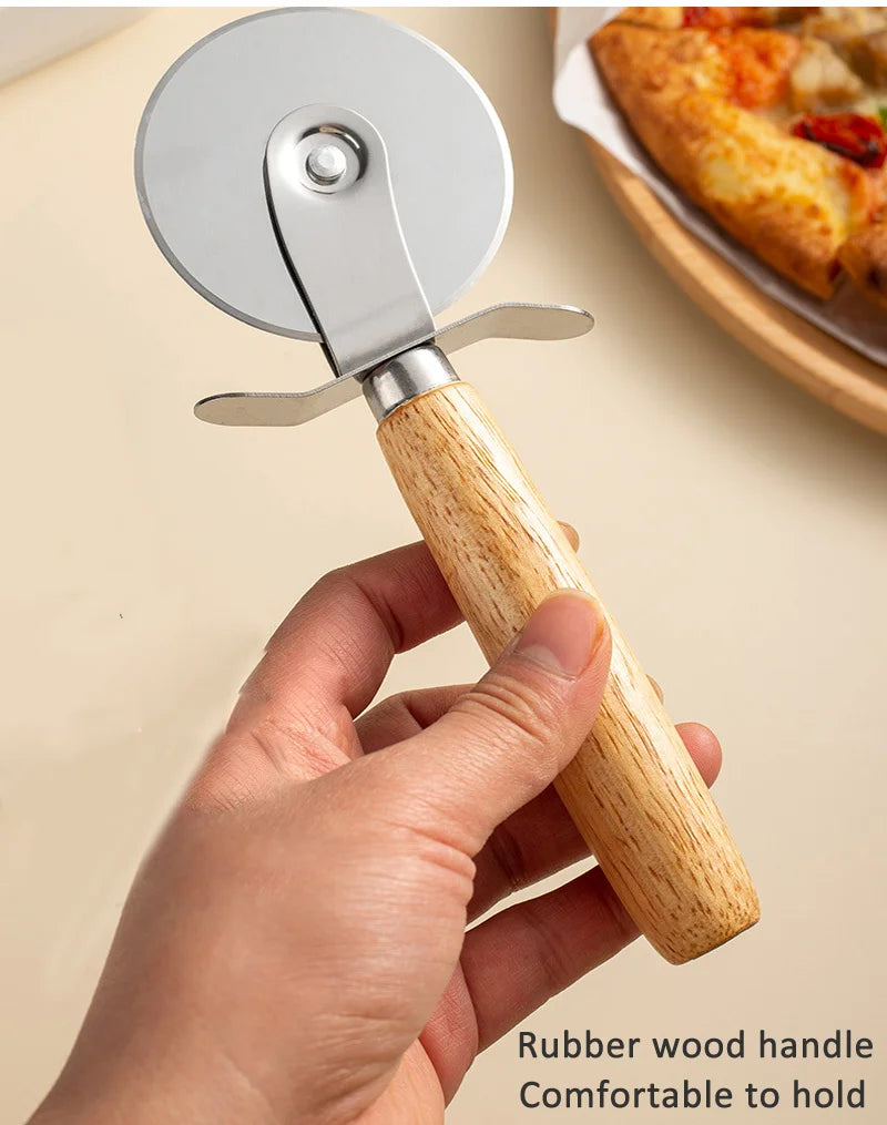 Stainless Steel Pizza Cutter with Wooden Handle - Pastry, Pasta, Dough Slicer