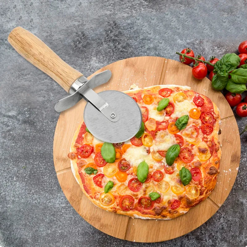 Stainless Steel Pizza Cutter with Wooden Handle - Pastry, Pasta, Dough Slicer