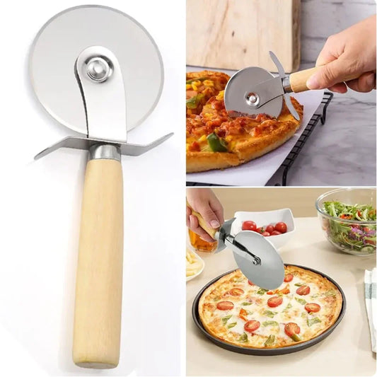 Stainless Steel Pizza Cutter with Wooden Handle - Pastry, Pasta, Dough Slicer