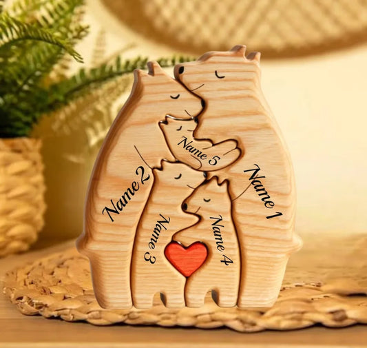 Wooden Bear Family Puzzle With 5 Family Name Personalized  Sculpture Decor