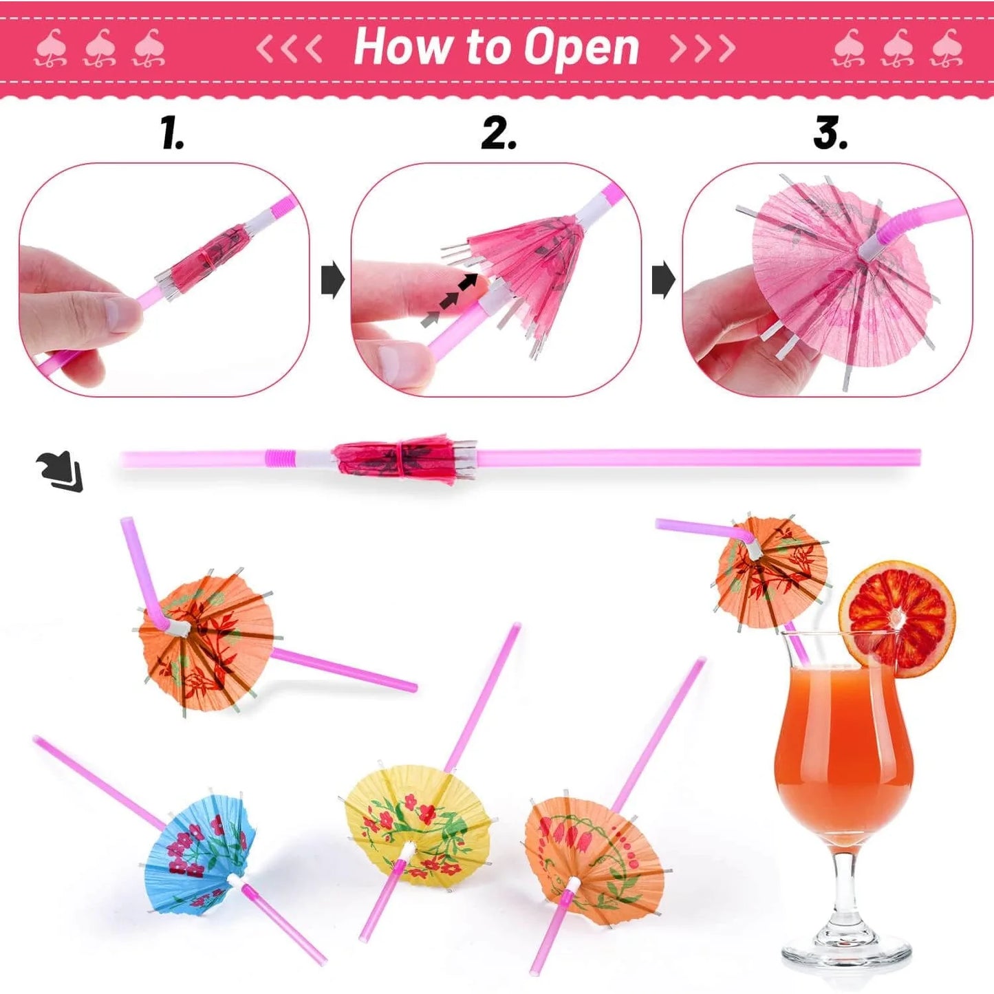 100 Umbrella Parasol Drinking Straws, Hawaiian Beach Cocktail Luau Party Decorations Supplies