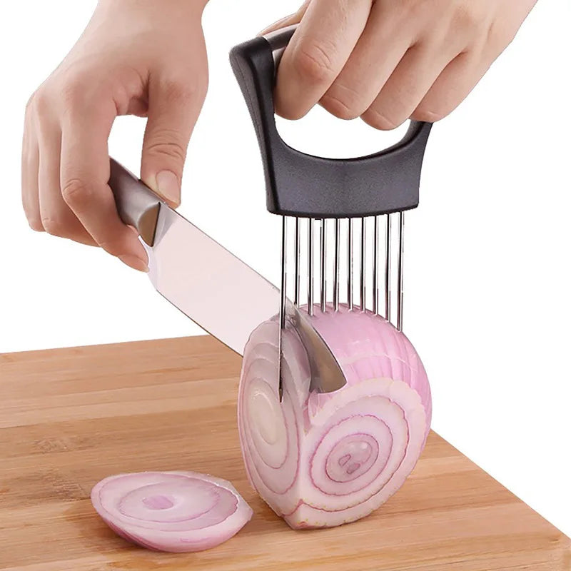 Stainless Steel Onion Slicer & Vegetable Cutter - Safe Kitchen Gadget for Meat, Tomatoes, Potatoes, Fruits