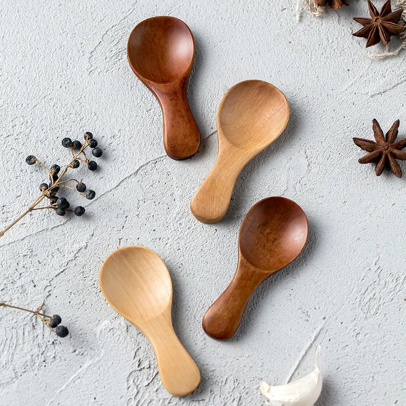 4Pcs Mini Wooden Spoons Small Kitchen Spice Condiment Spoon Sugar Tea Coffee Scoop Short Handle Wood