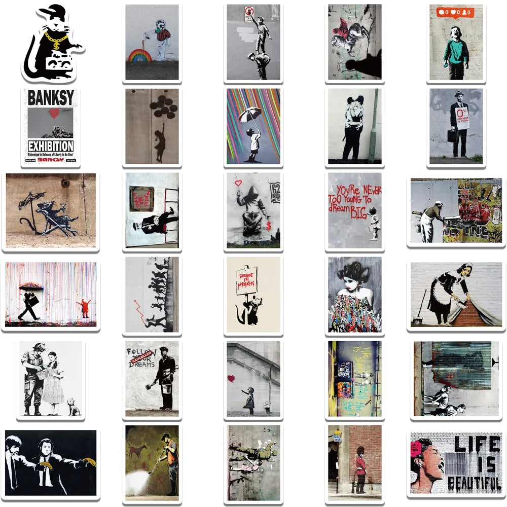 67PCS Banksy Sculptures Flower Thrower Stickers Cool Street Art Graffiti Decals