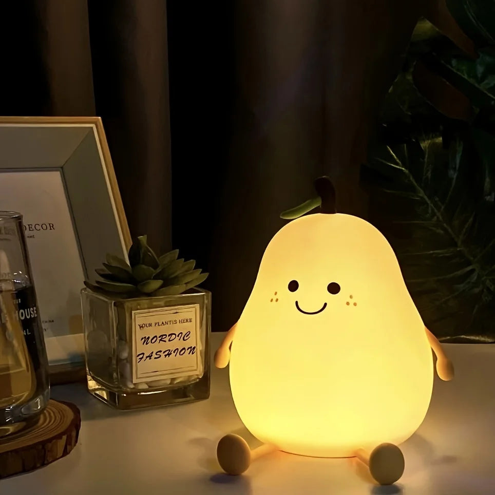 1pc Cute Fruit Night Light Silicone Nursery Pear Lamp USB Charging Creative Table Lamp